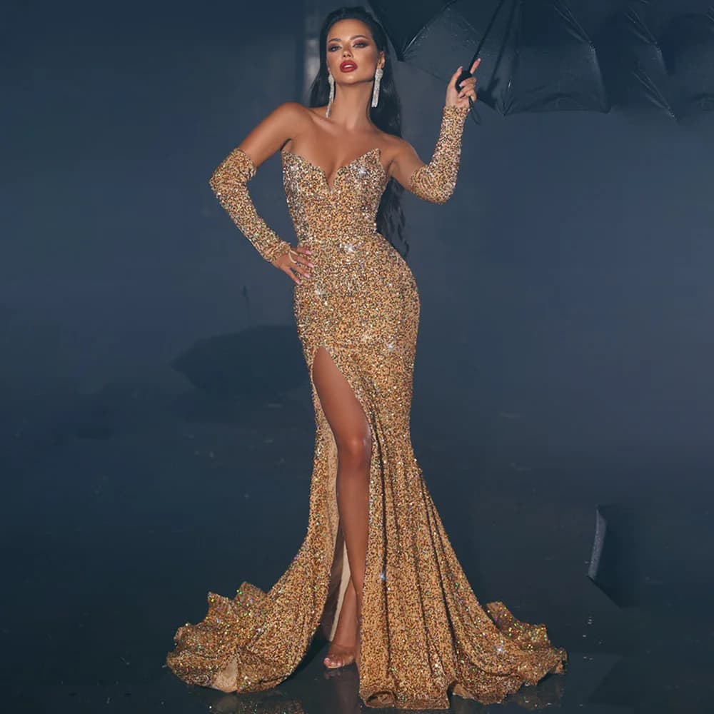 Vestidos de Festa Personalizados com Glitter para Mulheres, Vestidos de Baile Sereia Dourados com Lantejoulas, Vestidos de Baile Longos com Fenda Lateral Alta e Decote em V, Vestido de Baile Trompete
