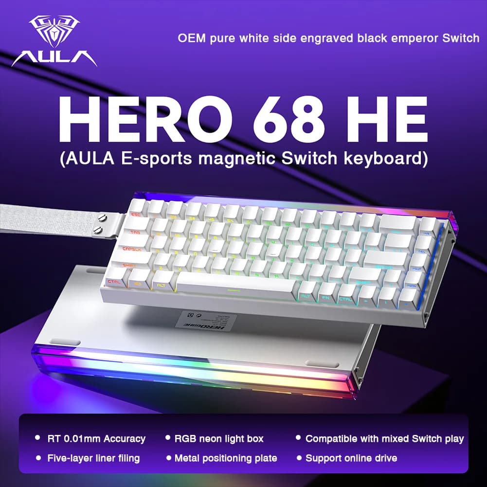 AULA HERO 68HE Teclado com interruptor magnético Gatilho rápido 8K Retorno Esports Gamer Teclado RGB Teclado para jogos com fio