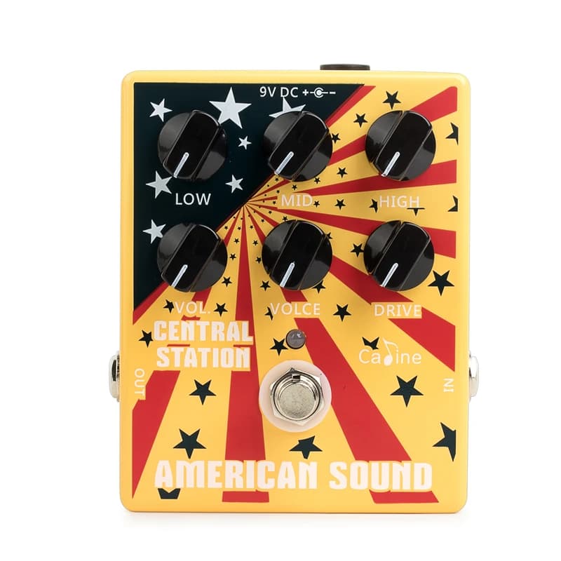 Pedal de overdrive de guitarra Caline-CP-55 American Sound com design amarelo e estrelas vermelhas e pretas