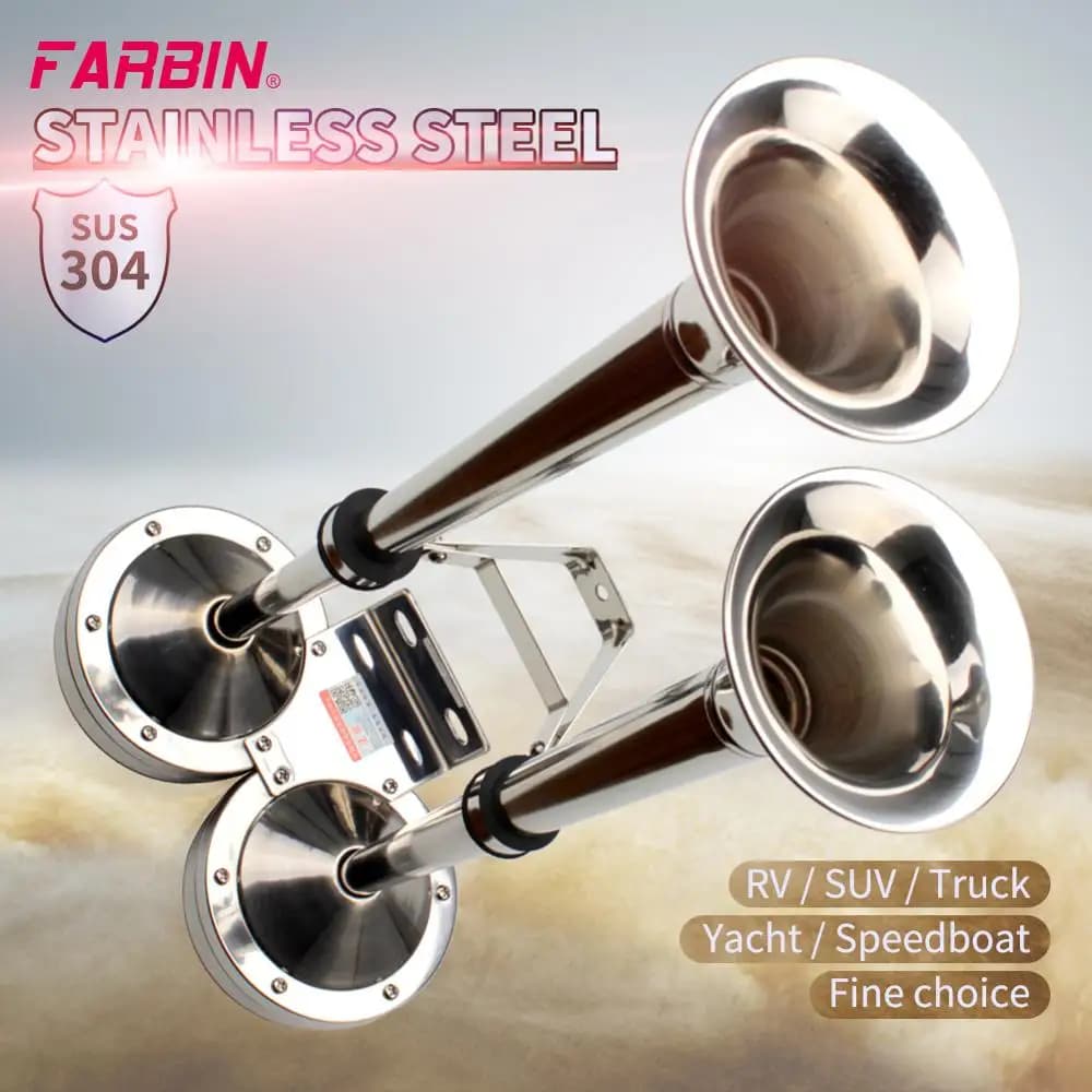 Farbin 12v/24v barco marinho de aço inoxidável duplo trompete chifre elétrico com suporte montagem para navio veleiro iate carro caminhões