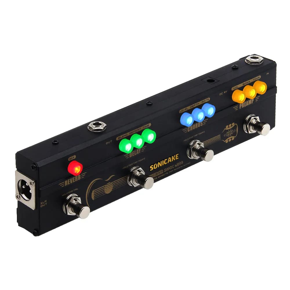 Pedal de Guitarra Acústica SONICAKE Sonic Wood com Pré-Amplificador, Caixa DI, Multi Efeitos, Chorus, Delay, Reverb e Saída XLR QCE-50