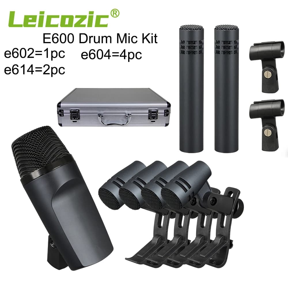 Kit de microfones Leicozic E600 para bateria com microfones cardióides pretos e estojo de transporte