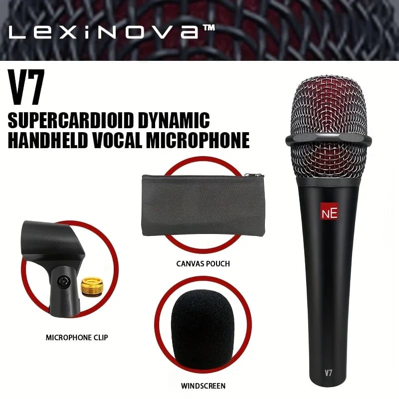 Microfone dinâmico V7 supercardioide com clipe, bolsa e windscreen