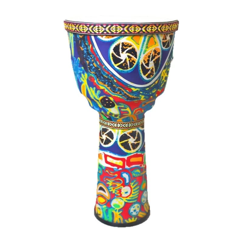 Djembe de 10 polegadas com decoração colorida, padrão abstrato azul e vermelho, superfície texturizada