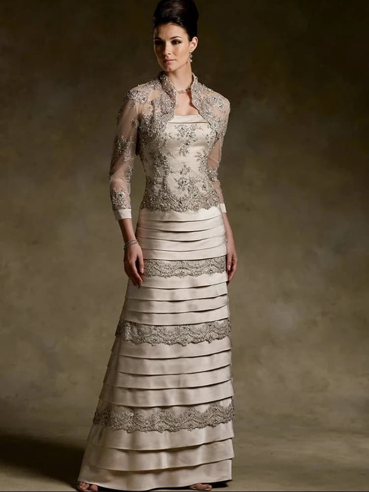 Vestido cetim para mãe da noiva com camada de renda, trompete sereia vintage, convidados do casamento, baile de baile