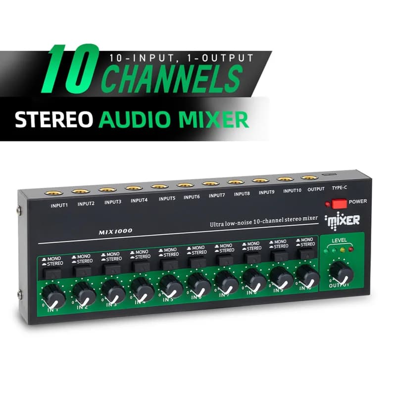 Mixer de áudio estéreo de 10 canais com botões de controle e etiquetas verdes e pretas.