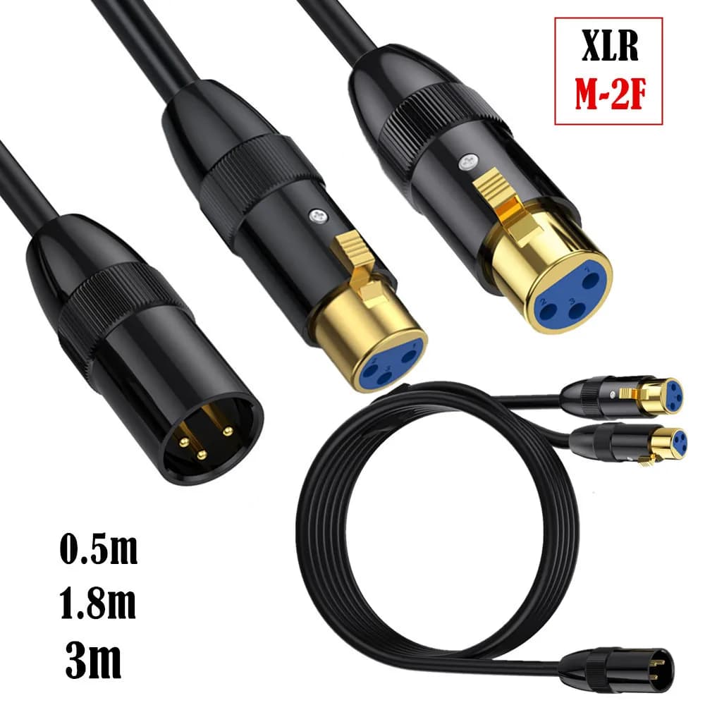 Cabo divisor XLR macho para duplo XLR fêmea com conectores dourados, preto, comprimentos de 0,5m, 1,8m e 3m.