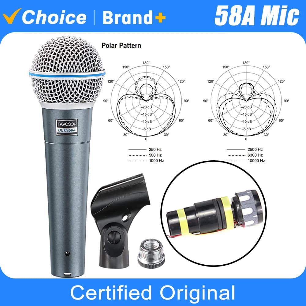 Microfone dinâmico cardioide TAVOSOP B58 com padrão polar e acessórios