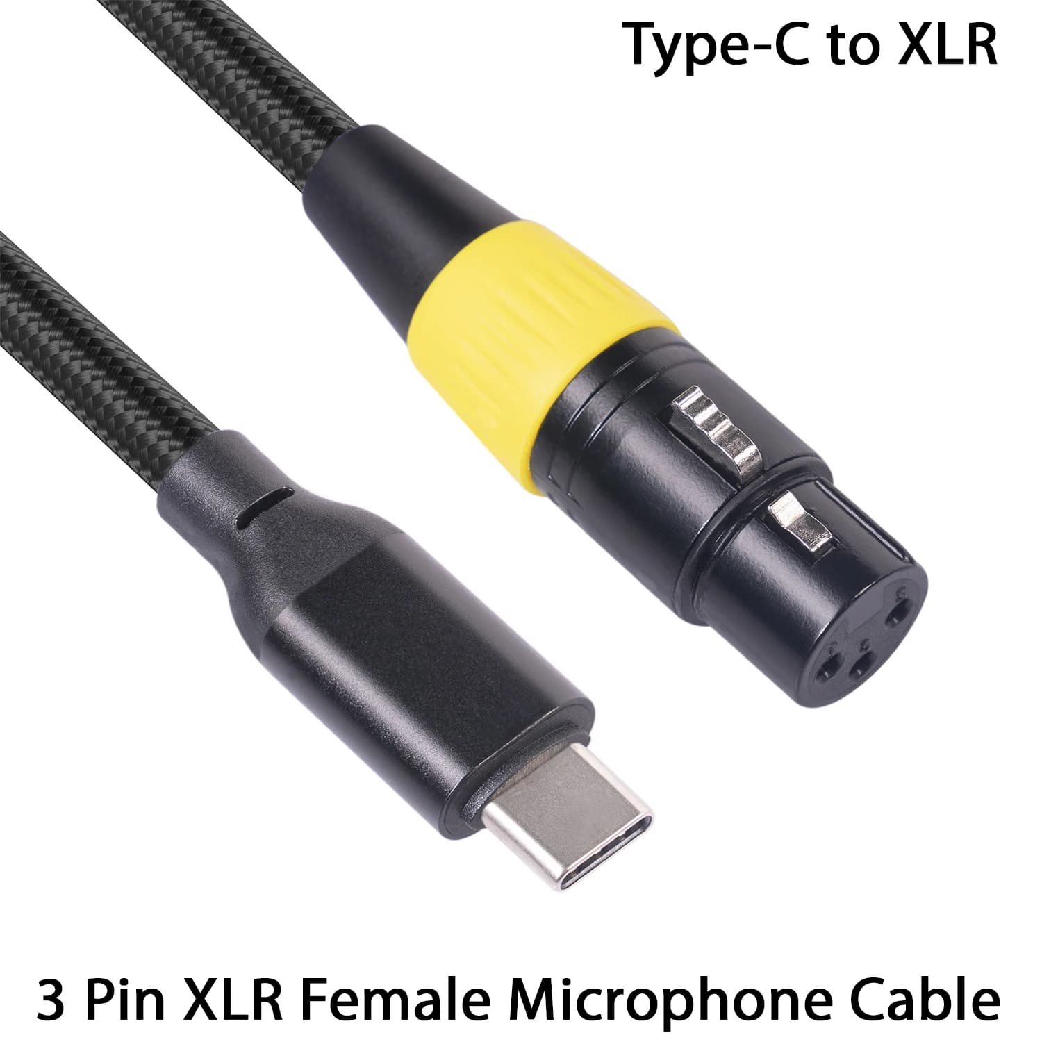 Cabo USB-C macho para XLR fêmea de 3 pinos, conector tipo C e XLR, preto com detalhes amarelos.