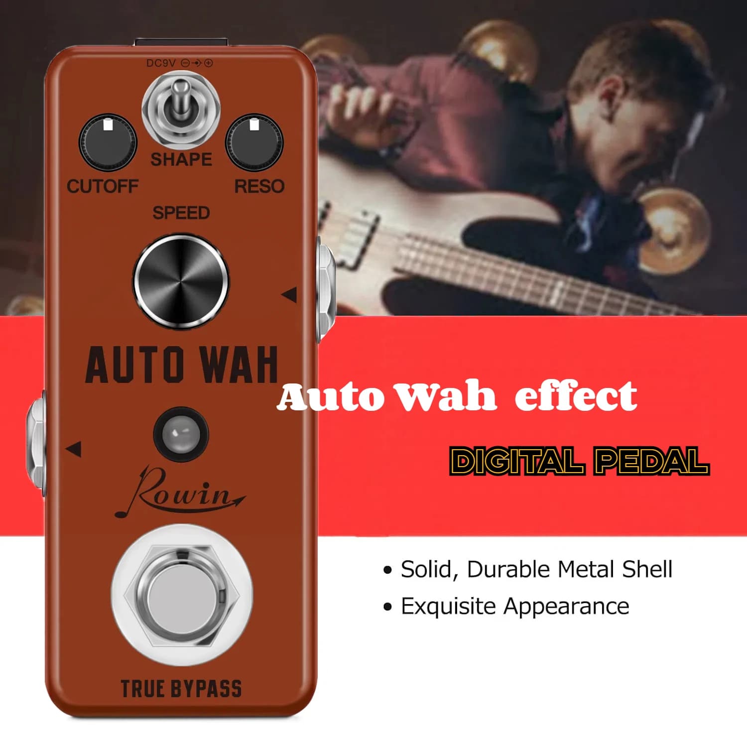 Pedal de guitarra Rowin Auto Wah com efeito Wah-Wah, fundo preto, texto branco, controles Cutoff, Shape, Reso e Speed, logotipo Rowin