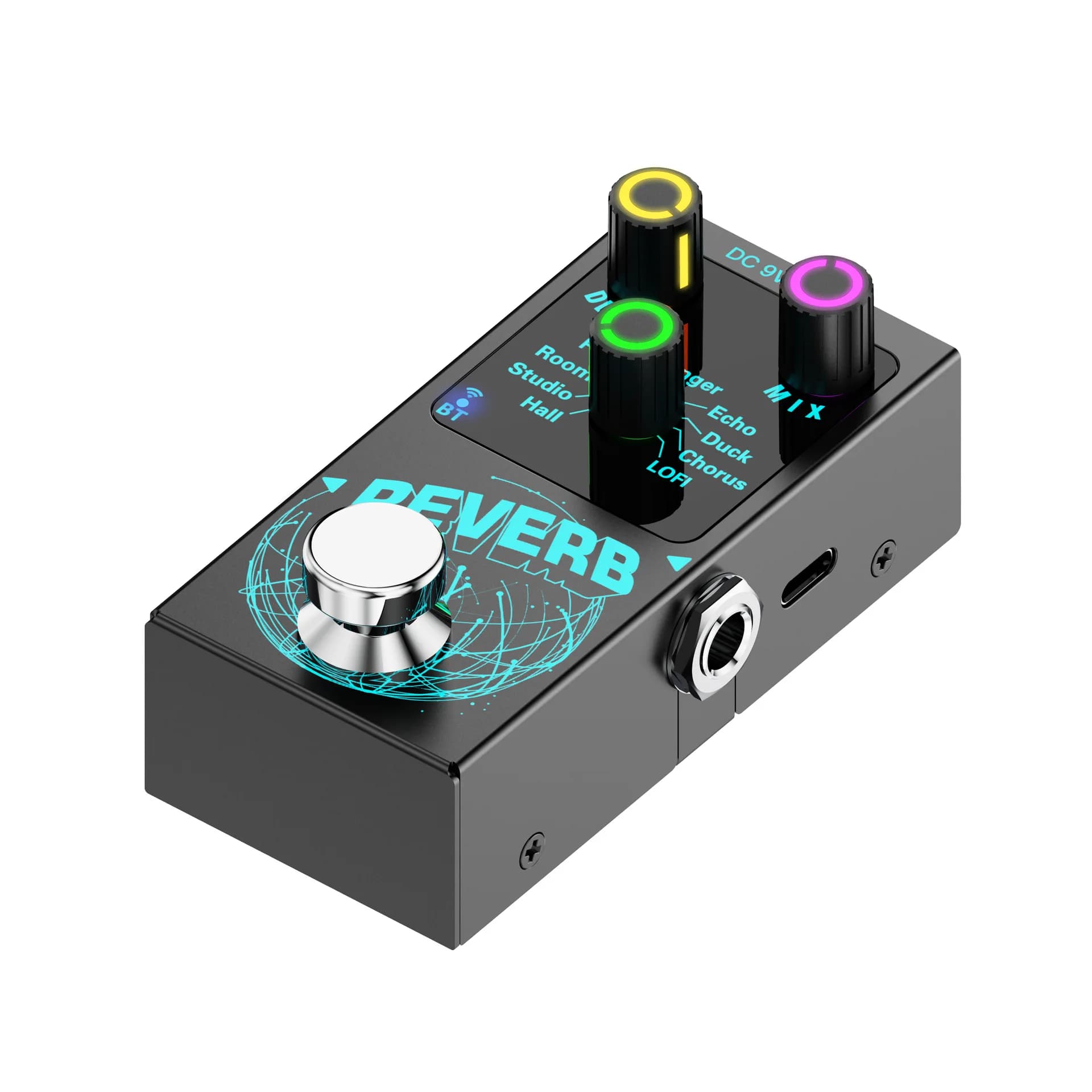 Pedal de efeito Reverb para guitarra com design compacto, preto e cinza, botões coloridos e texto 'REVERB' em azul.