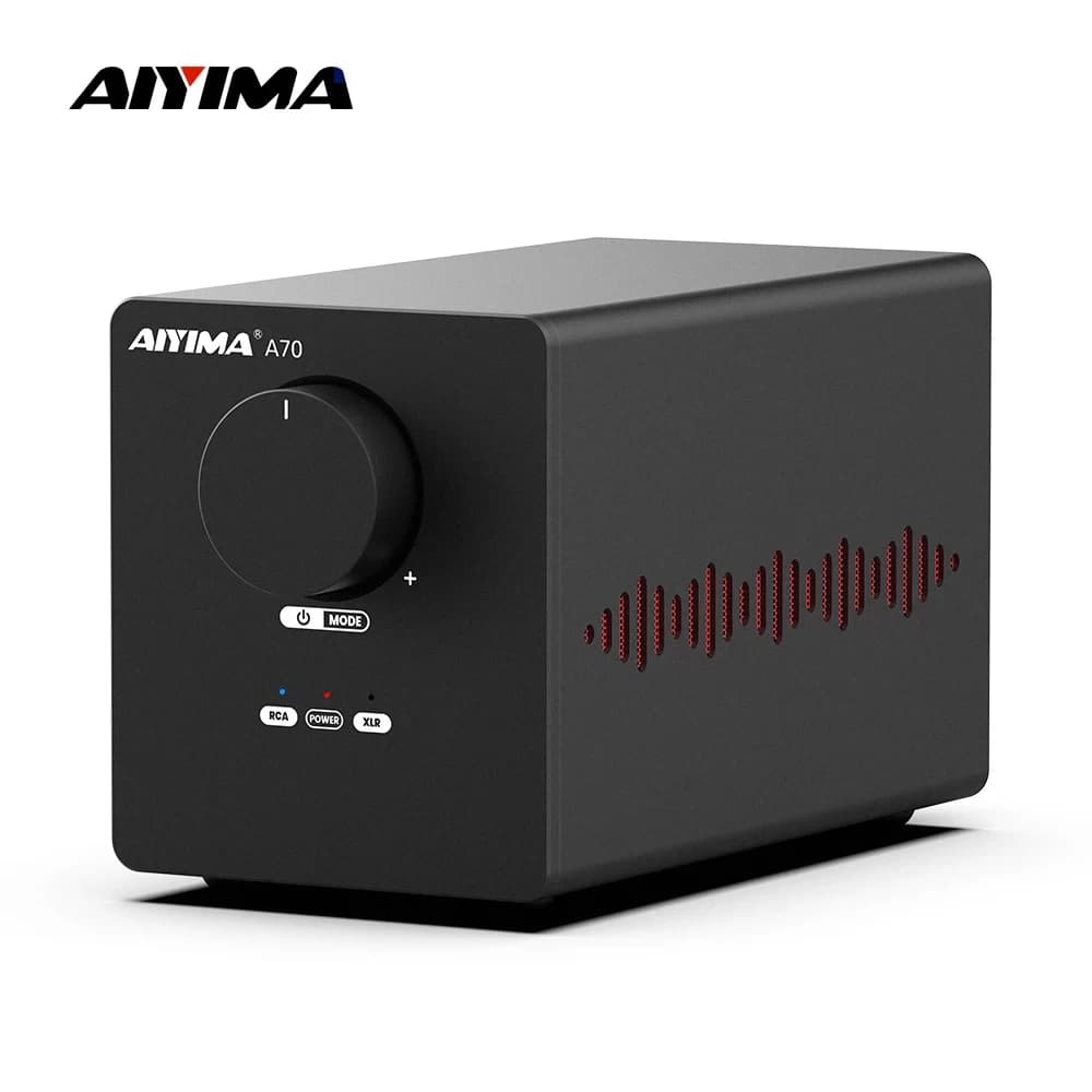 Amplificador de potência estéreo AIYIMA A70 em preto com fundo branco