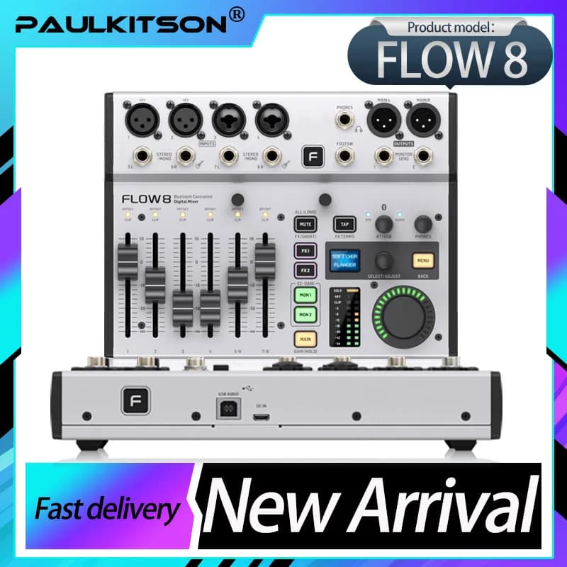Mesa de som digital FLOW8 com 8 entradas, controles de equalização e interface USB