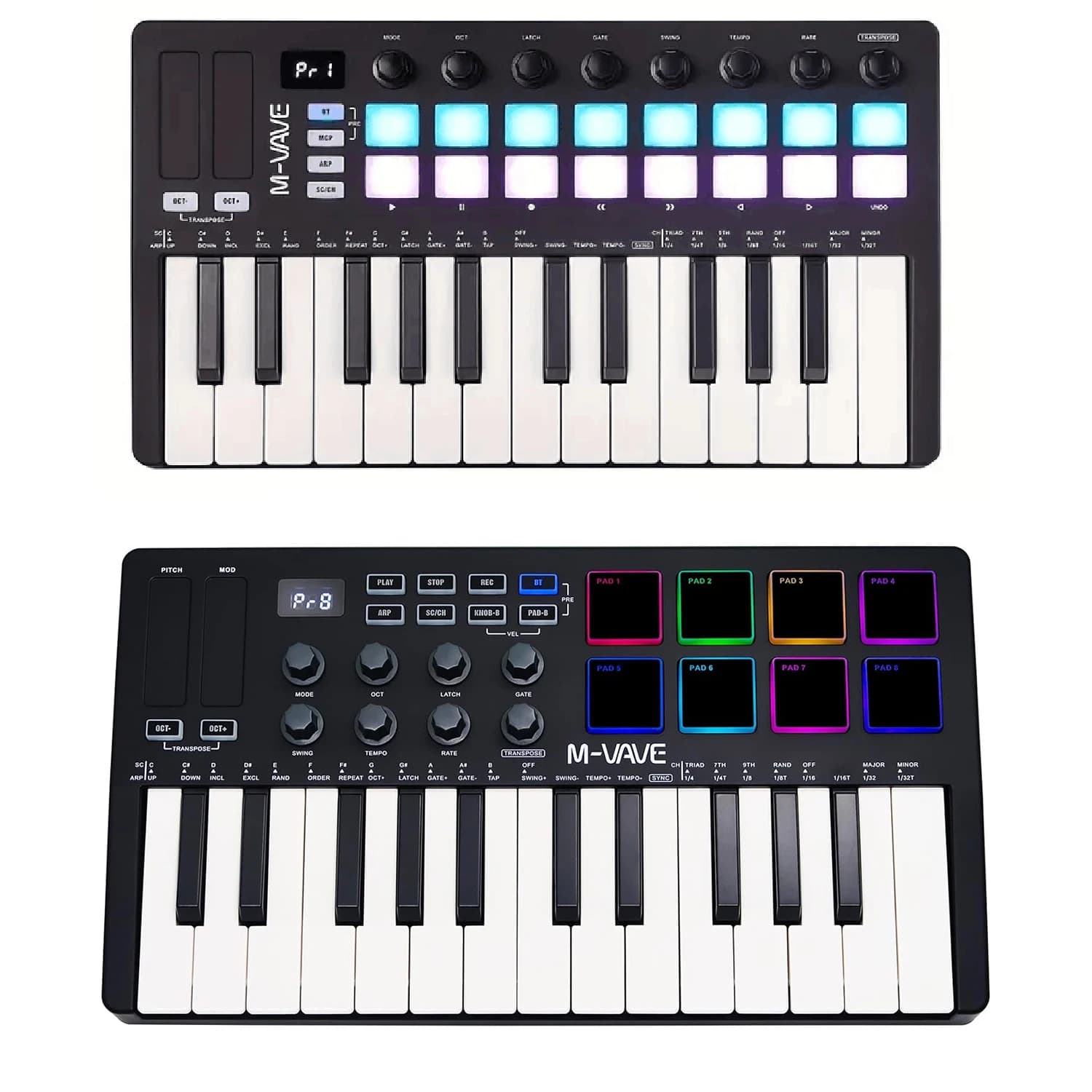 Controlador de Teclado MIDI M-VAVE SMK-25, Piano Mini Portátil com 25 Teclas, Bluetooth e USB, Iluminado, com Pad de Bateria e Software