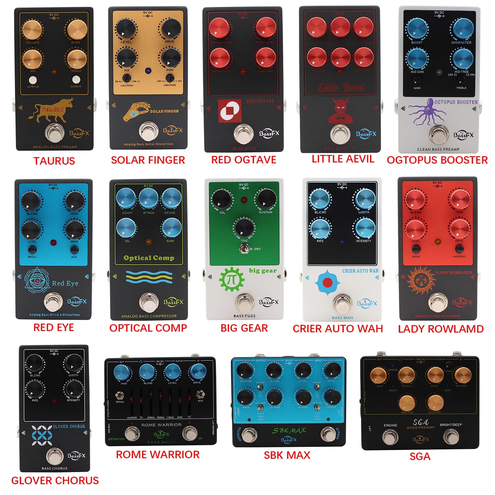 Vários pedais de efeitos analógicos para baixo com diferentes cores e designs.