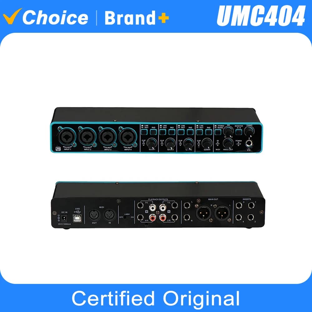 Interface de Áudio Profissional UMC404 com Botões de Controle e Conectores de Entrada e Saída