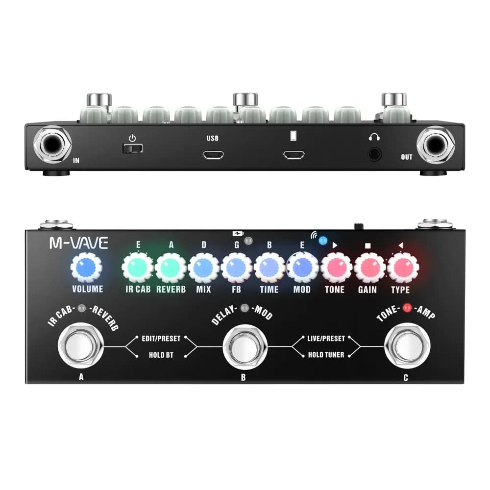 Pedal de efeitos multifuncional M-VAVE com painéis frontal e traseiro, botões coloridos e entradas USB.