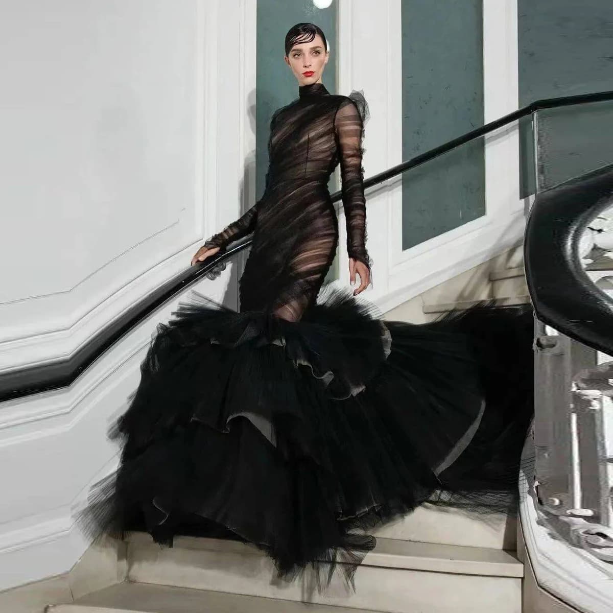 Exuberante vestido de baile feminino, vestido de festa em camadas de trompete, manga para ver através, moda superior, 2023
