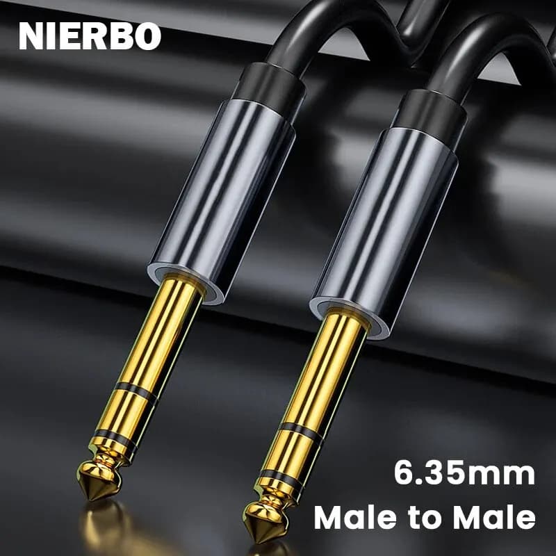 Cabo de instrumento Nierbo 6.35mm macho a macho, preto e dourado, sobre fundo preto