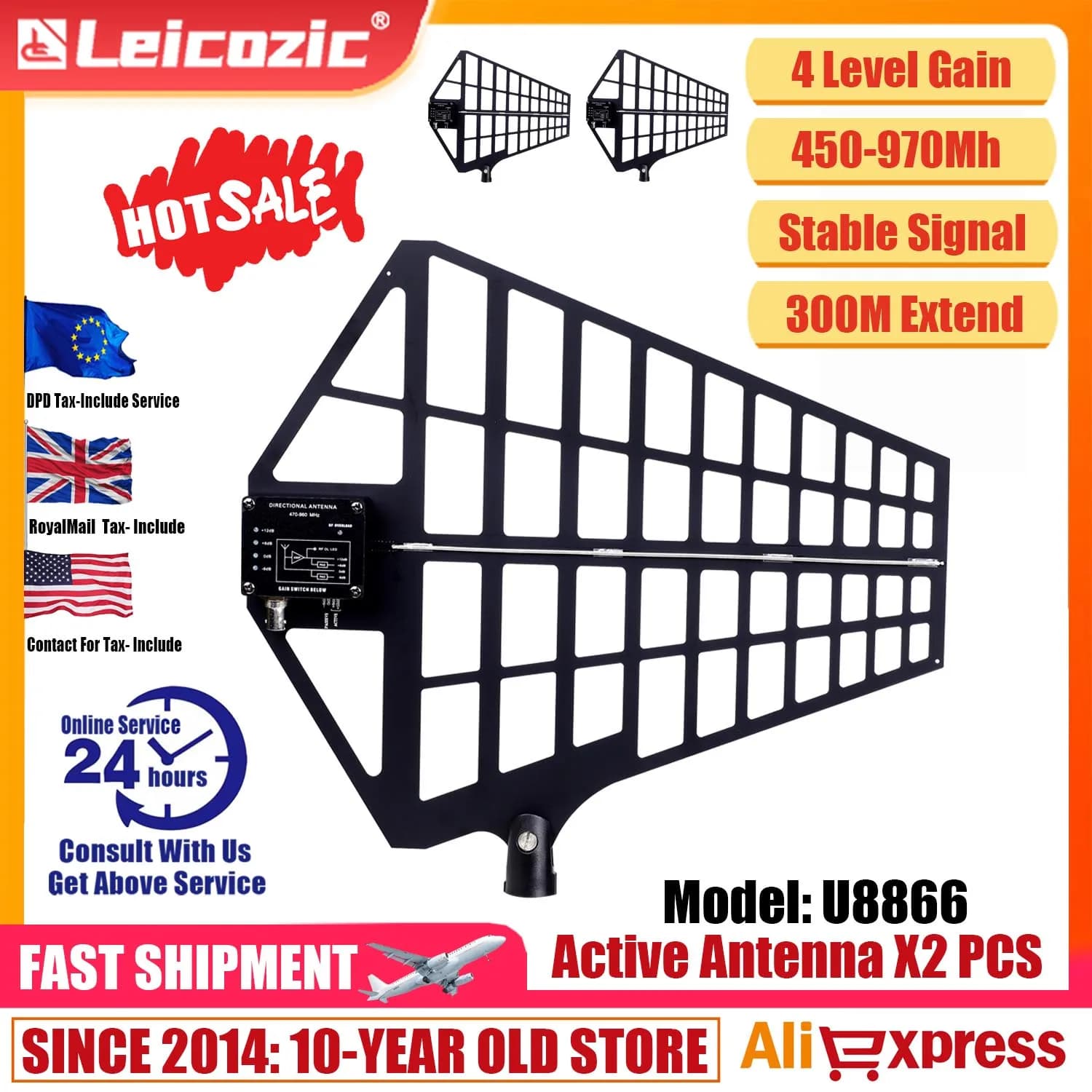 Antena de alimentação direcional ativa Leicozic de 2 peças U8866 com interruptor de ganho 500-950 MHz entrada 12V para microfone sem fio UHF