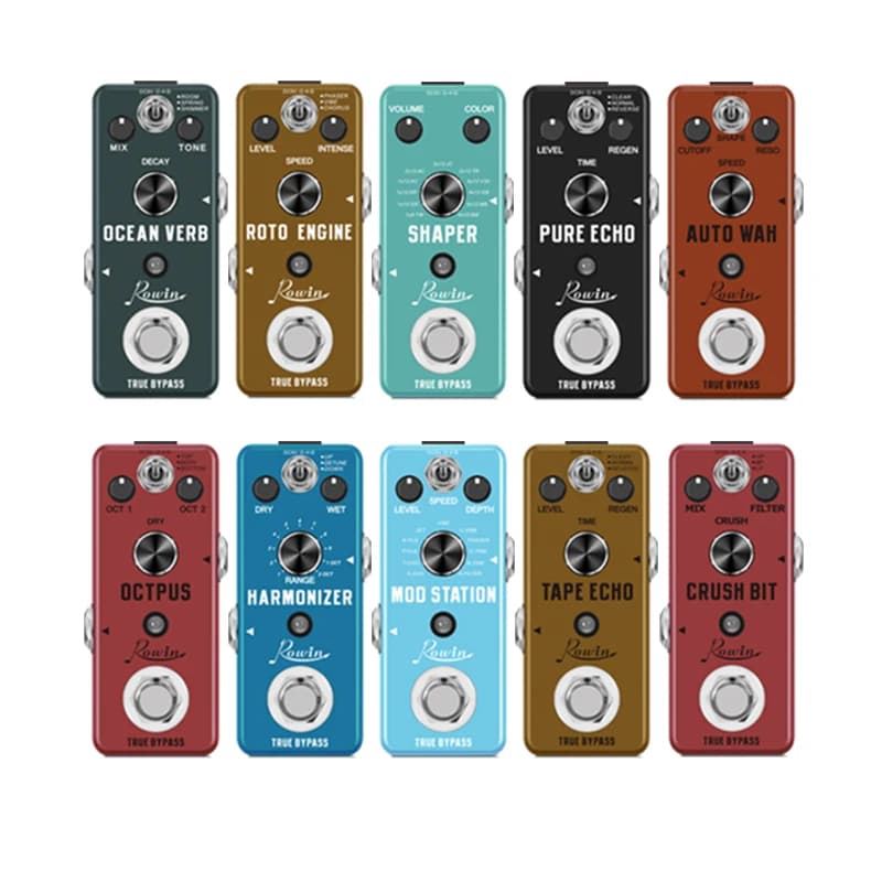 Pedais de efeitos de guitarra digital Rowin com vários tipos de efeitos como Ocean Verb, Roto Engine, Shaper, Pure Echo, Auto Wah, Octopus, Harmonizer, Mod Station, Tape Echo e Crush Bit.