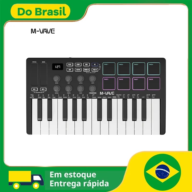 Controlador de Teclado MIDI M-VAVE SMK-25 com 25 Teclas Sensíveis à Velocidade, 8 Pads de Bateria Retroiluminados, Instrumentos de Teclado de Piano Sem Fio