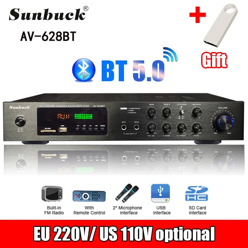 Amplificador de Áudio Bluetooth Sunbuck AV-628BT com Entradas USB e SD Card