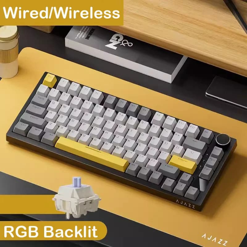 Ajazz ak820 pro teclado mecânico para jogos com fio e sem fio tri-mode rgb retroiluminado interruptores permutáveis a quente, layout compacto 70%, pc/mac