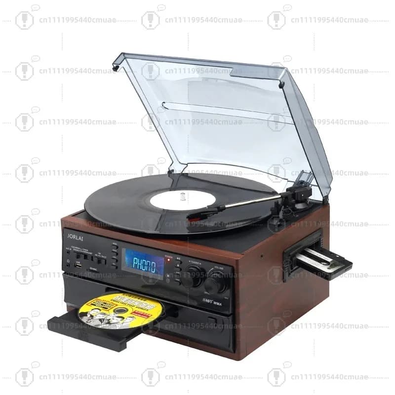 Centro de música multi-retro com toca-discos, USB, CD, cassete, rádio AM/FM e fonógrafo de vinil