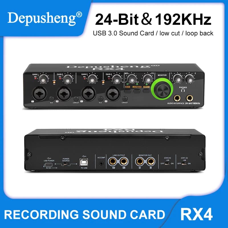 Interface de Áudio Profissional Depusheng RX4: Placa de Som 4 Entradas e 2 Saídas com Conversor AD e Monitoramento para Gravação Elétrica ao Vivo
