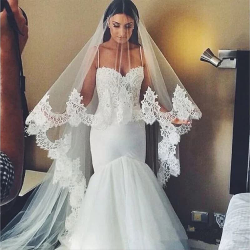 Véu com Apliques de Renda para Casamento, Véu Marfim, Véus de Noiva, Todos os Borda de Renda, 2 Camadas, Bandolim, Marfim, 4m