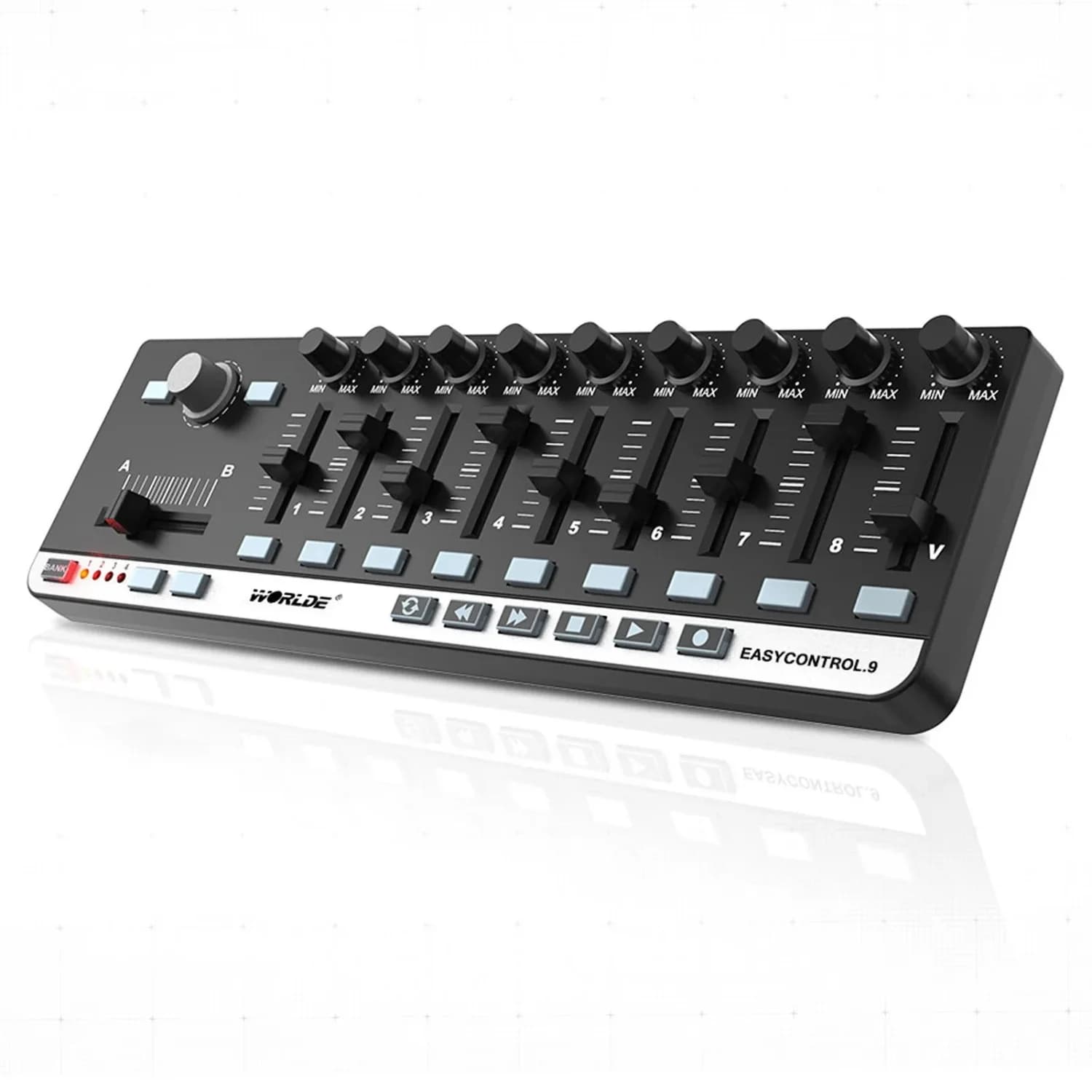 Controlador MIDI Worlde EasyControl.9 – Portátil e Compacto, 9 Rotativos + 9 Faders + 9 Botões, 4 Bancos, Alimentado por Bus, para PC/Mac