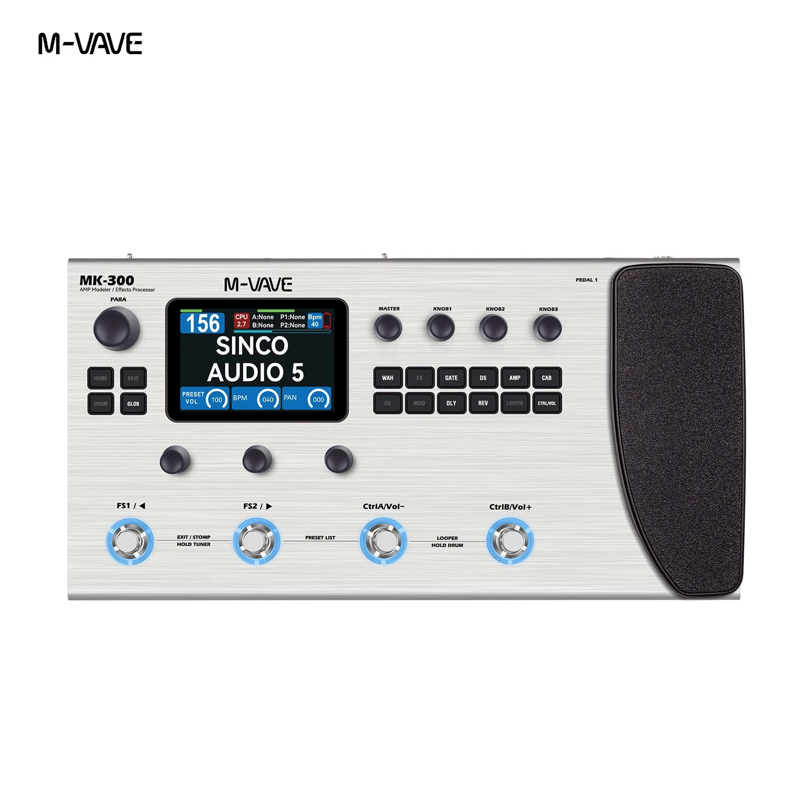 Pedal efetor multifuncional M-VAVE MK-300 para guitarra e baixo com interface digital e botões de controle.