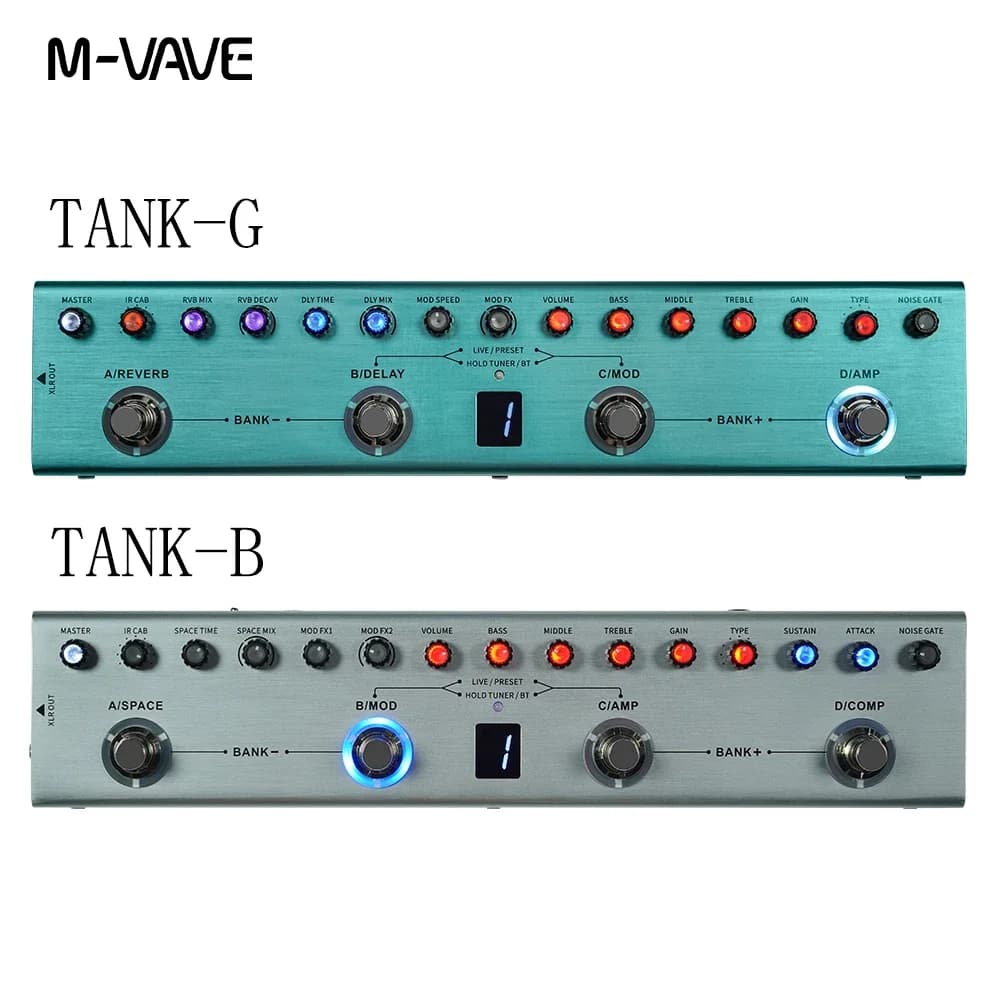 Pedais de efeito para guitarra M-WAVE Tank-G e Tank-B, com fundos verde e cinza e botões coloridos.