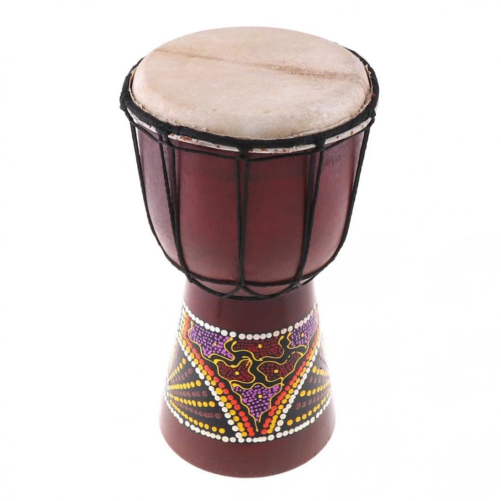 Tambor africano esculpido à mão, madeira maciça, pele de cabra, Djembe tradicional, 6 polegadas, decoração colorida