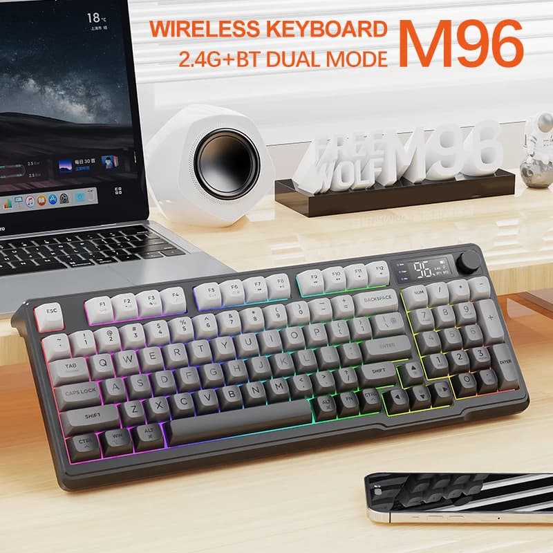 M96 teclado bluetooth sem fio freewolf tela teclado para jogos, tela eletrônica, conexão multi-dispositivo, jogos ergonômicos