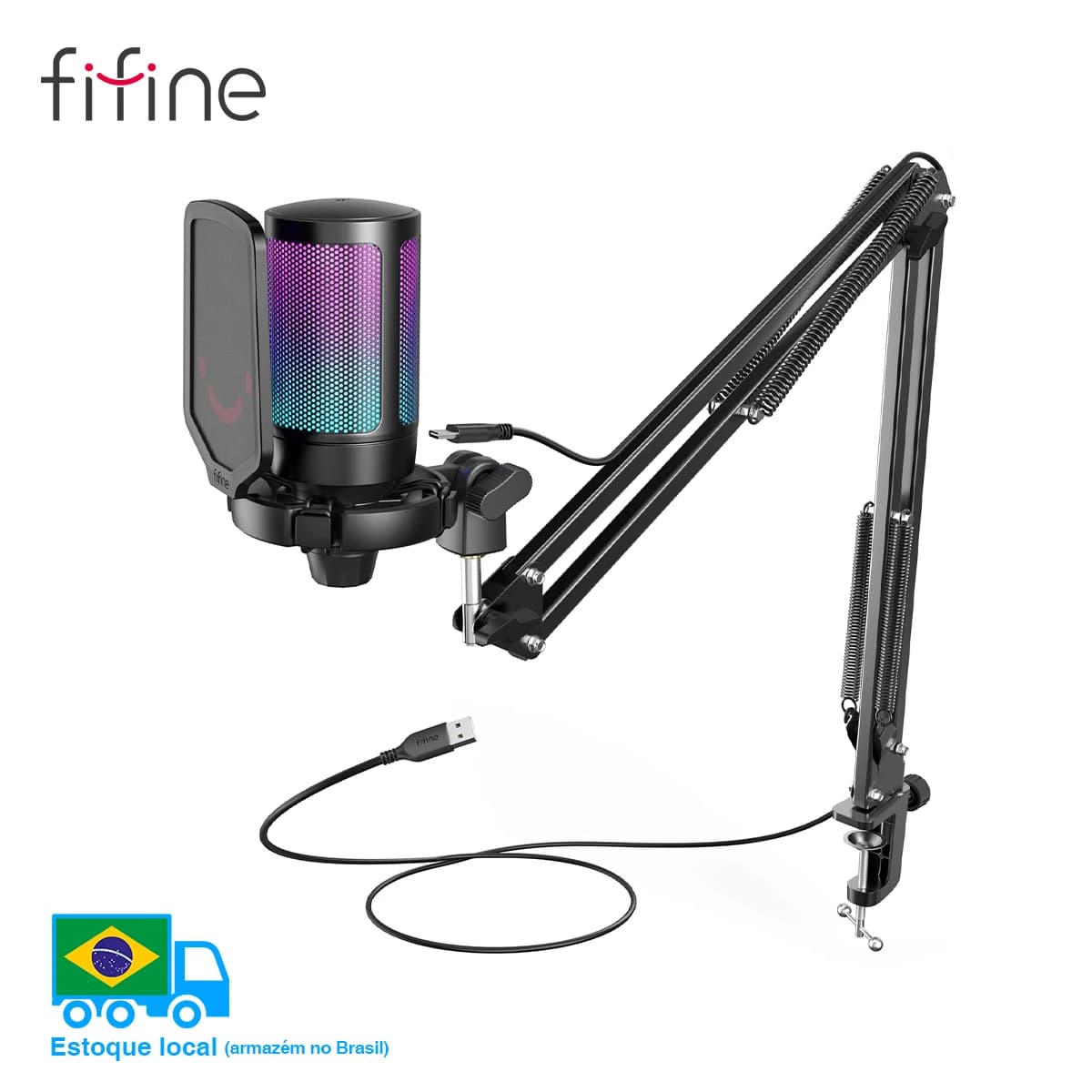 Kit de microfone USB para jogos FIFINE com suporte de braço para PC, PS4/5, conjunto de microfone cardióide condensador com toque mudo, RGB para streaming -A6T
