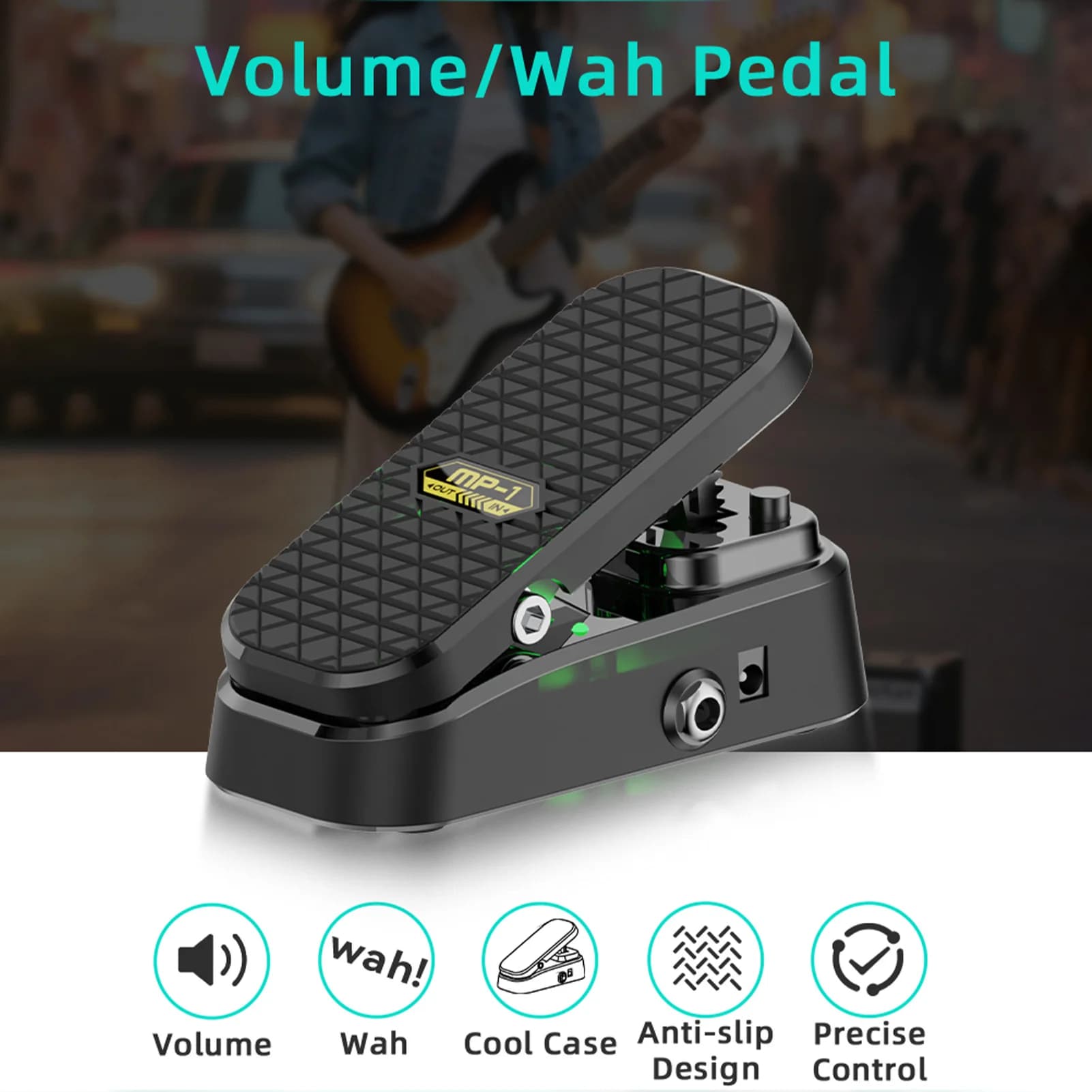 Pedal de Volume Wah para Guitarra MP-1, Efeitos 2 em 1, Preto com Textura e Detalhes em Verde Neon