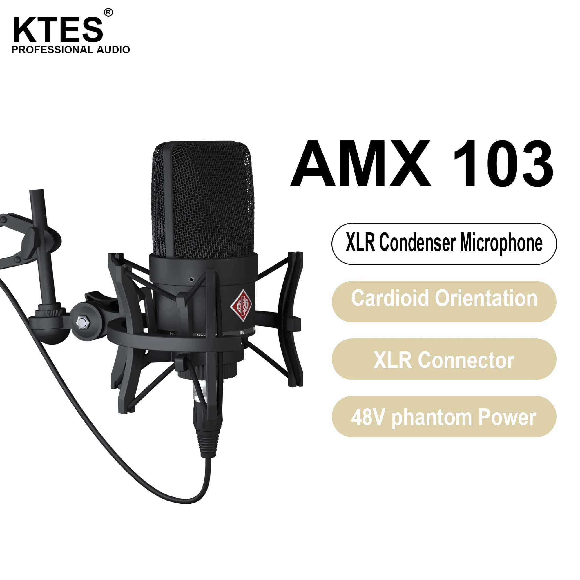 Microfone Condensador AMX 103 XLR com Alimentação Phantom de 48V para Interface de Áudio, Mixer, Gravação em Estúdio, Podcast, Streaming e Dublagem
