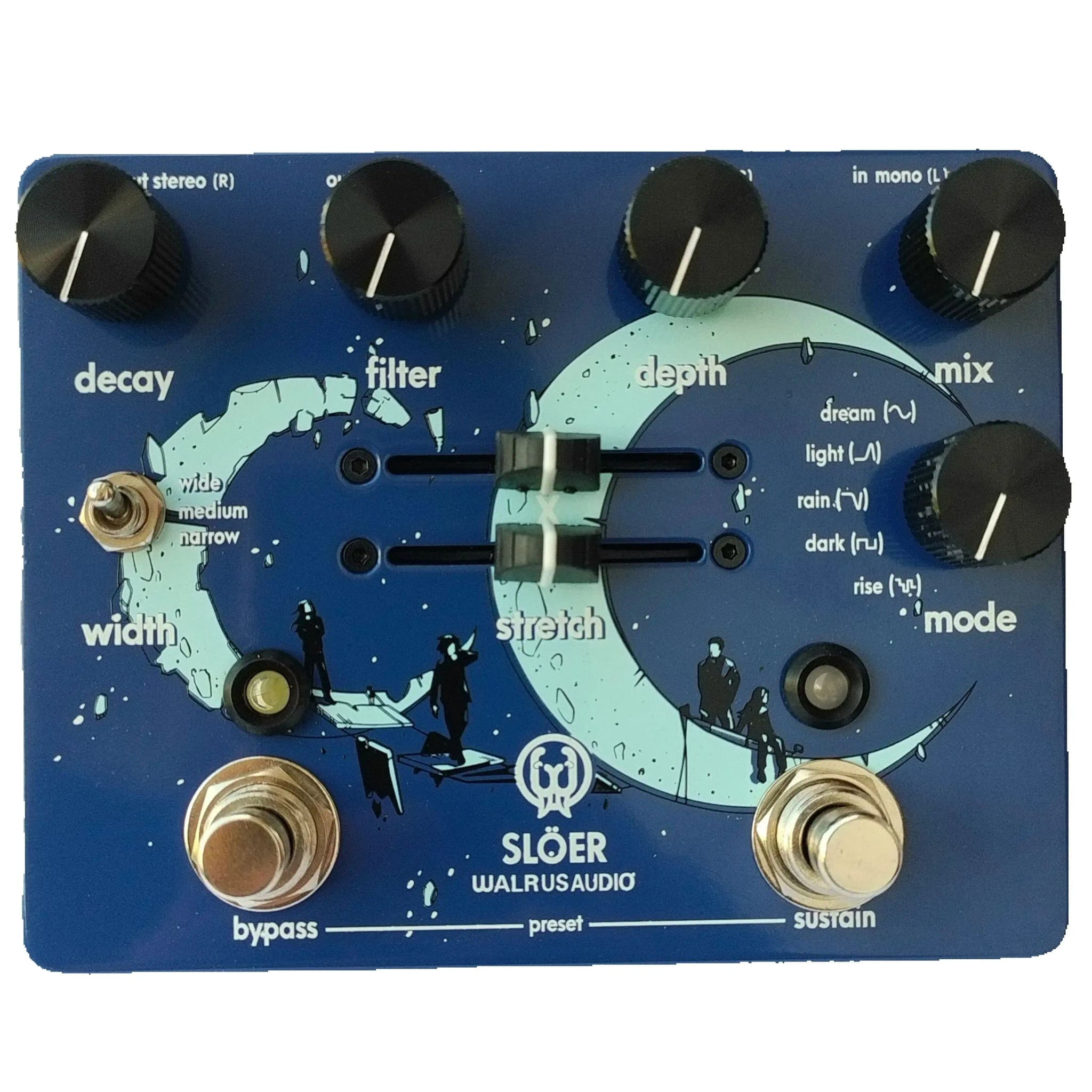 Pedal de guitarra estéreo ambient reverb Slö Audio Walrus com controles de decay, filter, depth, mix, width, stretch, mode, bypass, preset, sustain