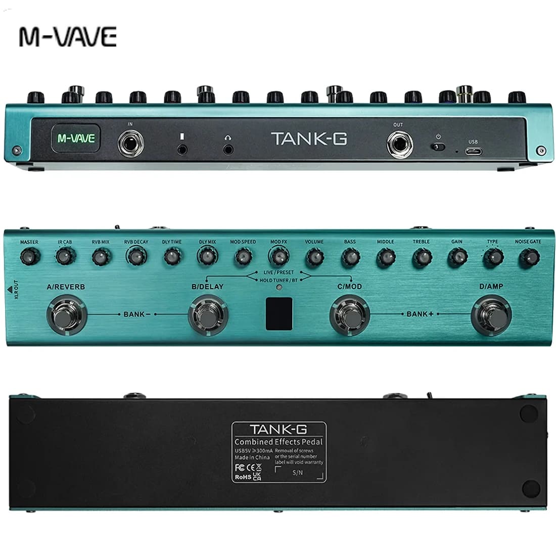 Pedal multiefeitos para guitarra M-Wave Tank-G com controles rotativos e display
