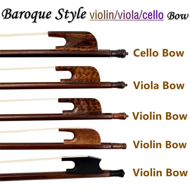 Arcos de violino estilo barroco em madeira, etiquetados como Cello Bow, Viola Bow e Violin Bow.