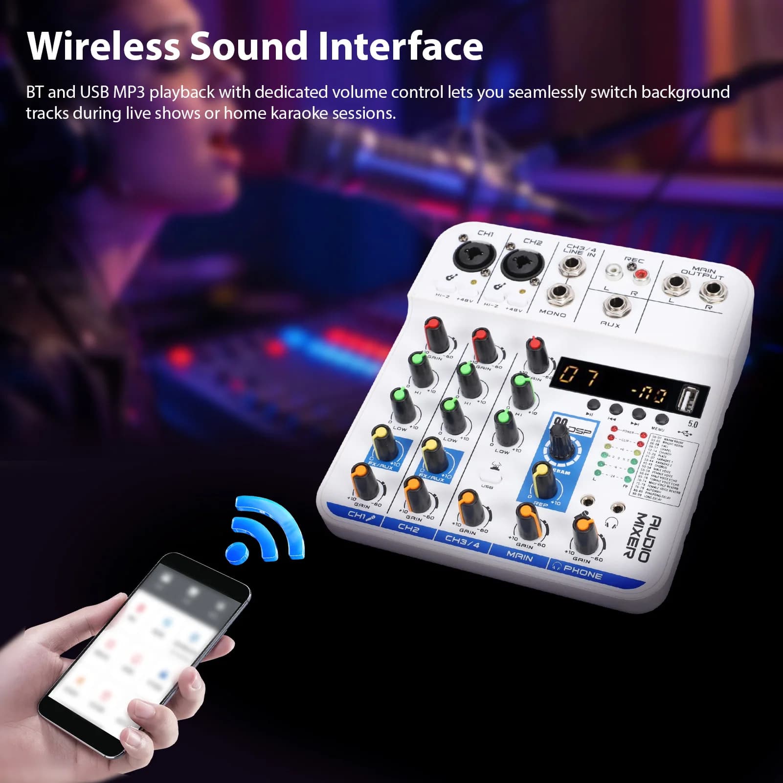 Mixer de Som de 4 Canais com DSP, Reverb Digital, Módulo USB BT MP3, Entradas XLR 6.35mm e 3.5mm, Alimentação Phantom 48V para Transmissão ao Vivo e KTV Doméstico