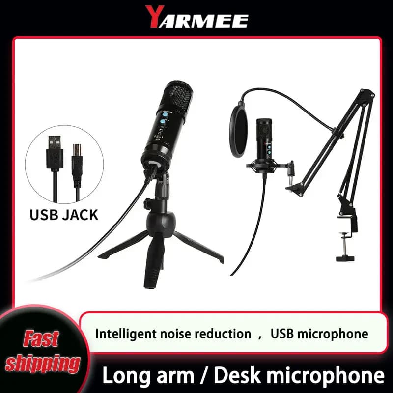 Yarmee microfone condensador usb, alto-falante de braço longo, microfone profissional com suporte para computador, laptop, estúdio, gravação, jogos, youtube