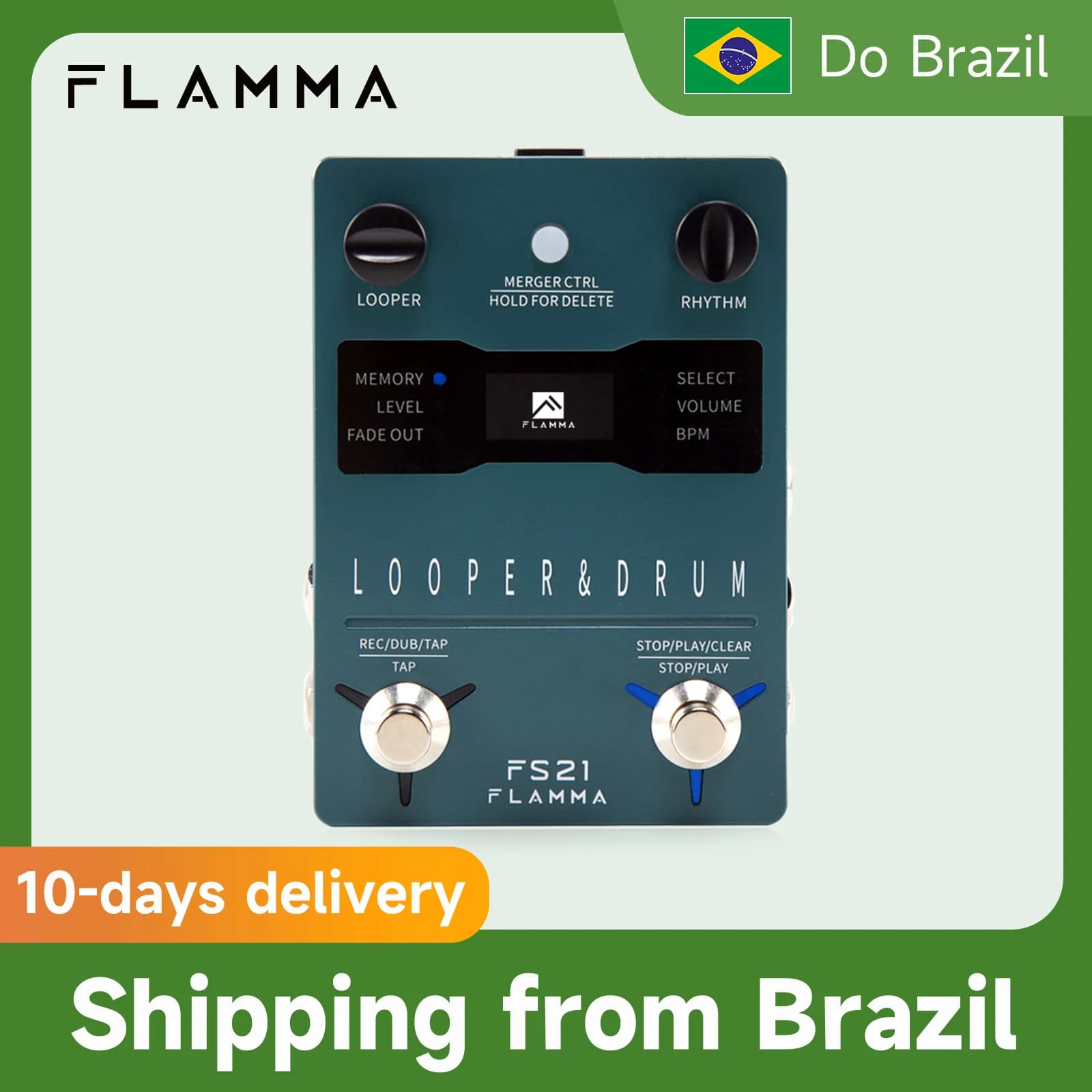 FLAMMA-FS21 Drum Machine com tela LED, Looper Pedal de Guitarra, 160 Minutos, 100 Drum Grooves, Suporta Edição de Software