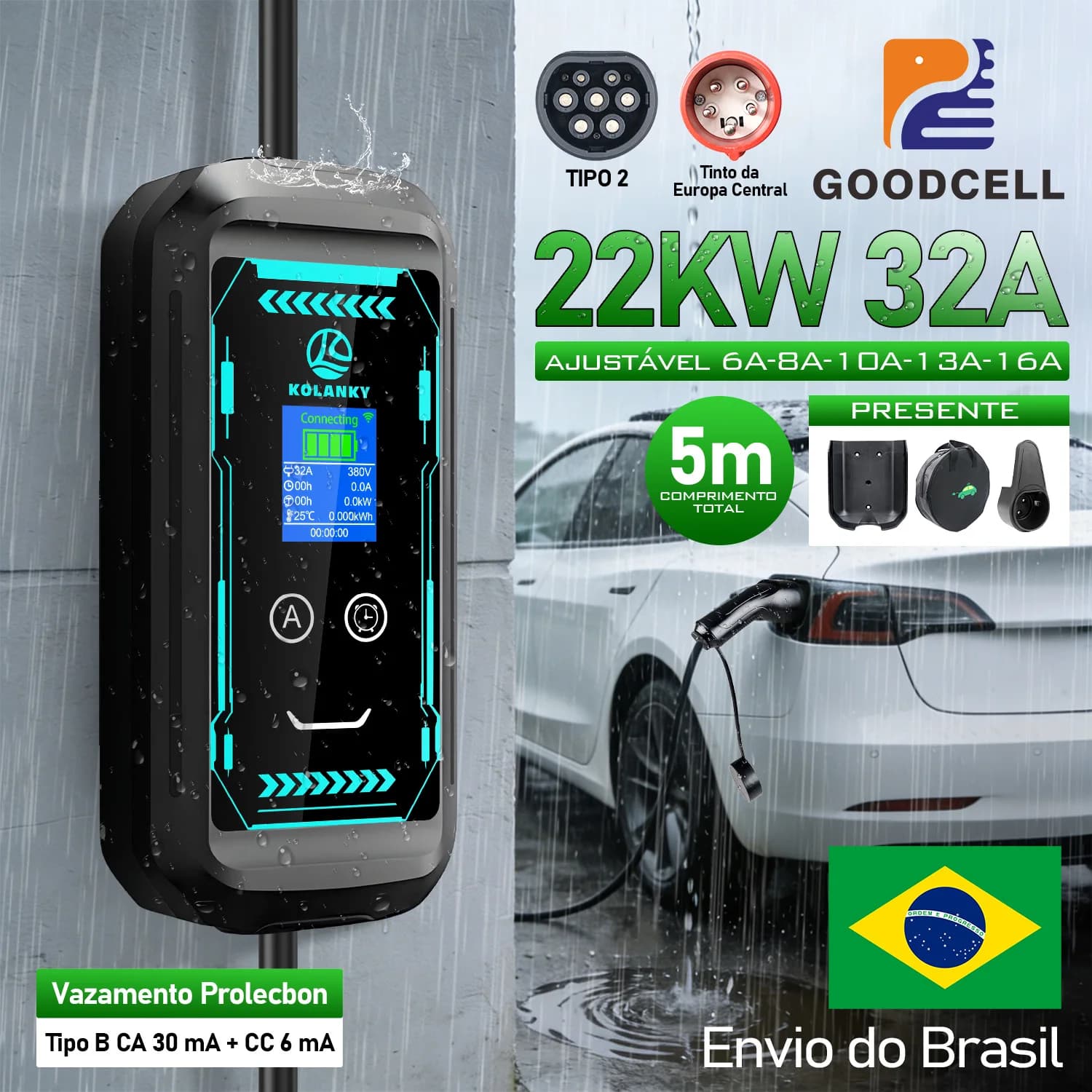 CARREGADOR DE VEÍCULO ELÉTRICO GOODCELL 32A 22KW Comprimento Total 5m Caixa de Carregamento Plug 3P Tipo2