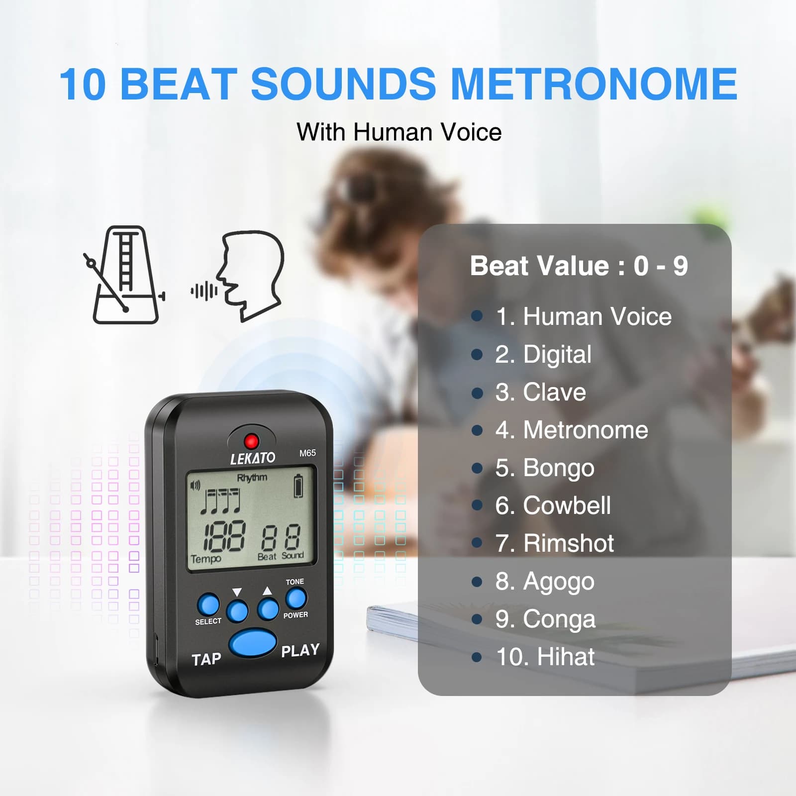 Lekato metrônomo digital com tela lcd clip-on ferramenta de tempo eletrônico para piano, guitarra, bateria e flauta