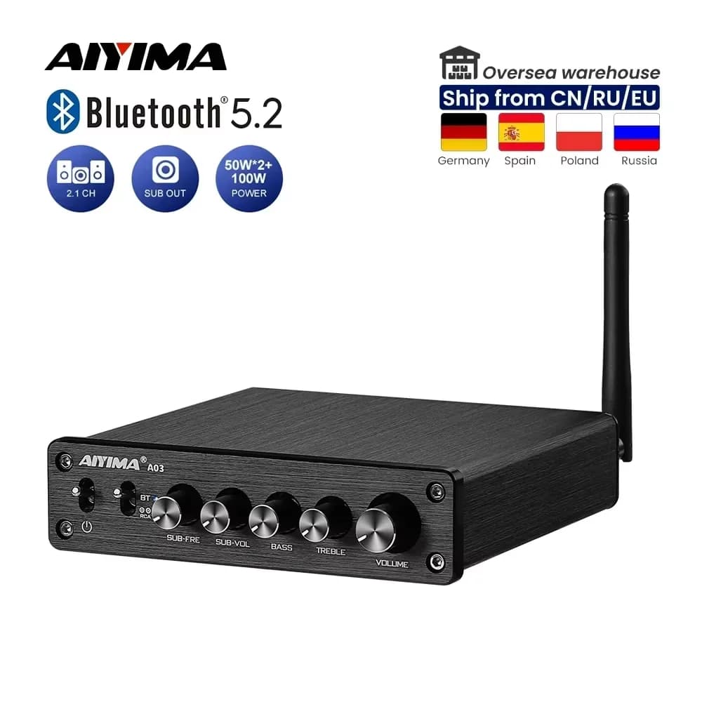 Amplificador de Áudio Digital AIYIMA A03 com Bluetooth 5.2, Preto