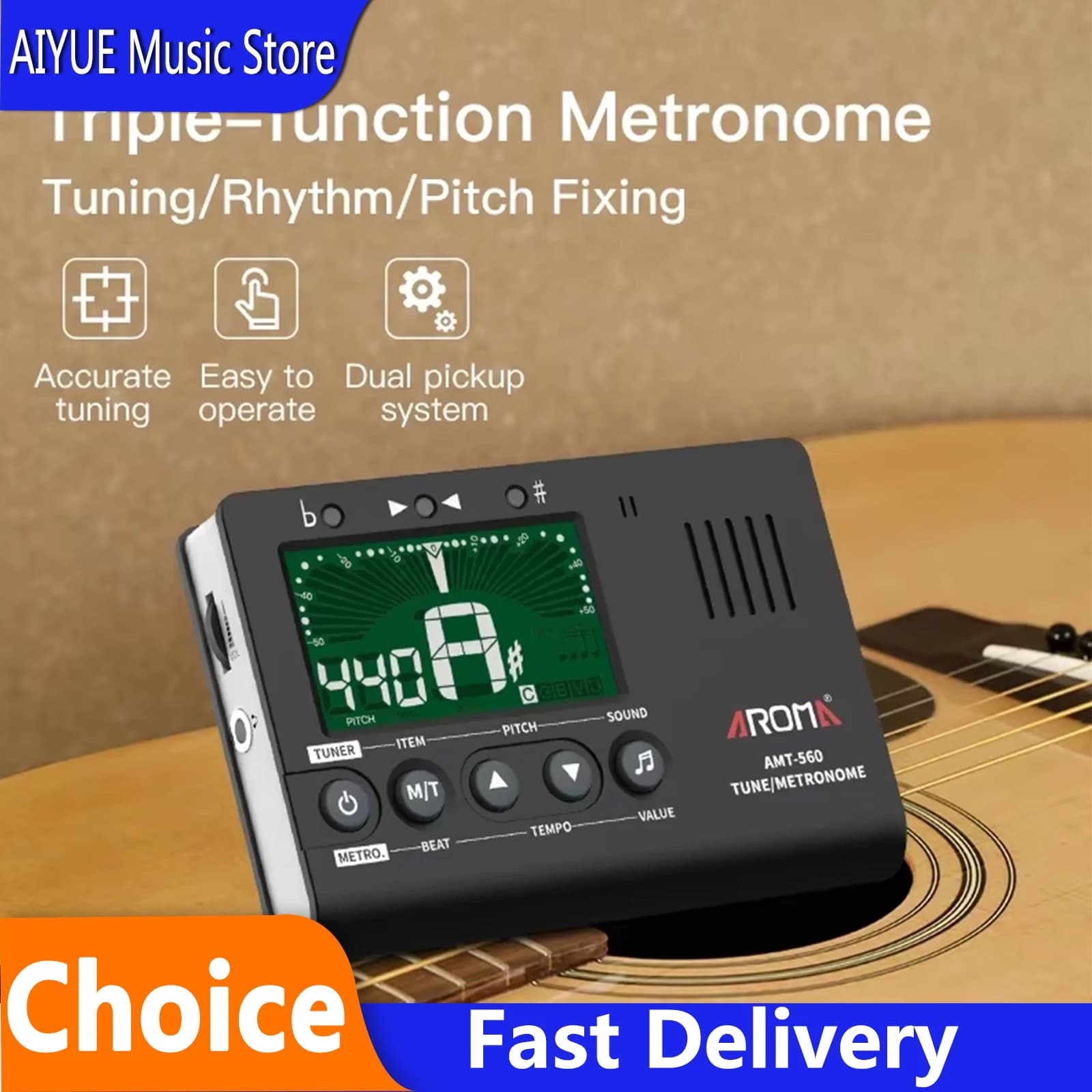 Afinador e Metrônomo Elétrico Aroma AMT-560 para Guitarra, Baixo, Violino, Ukulele, Trompete, Clarinete Cromático