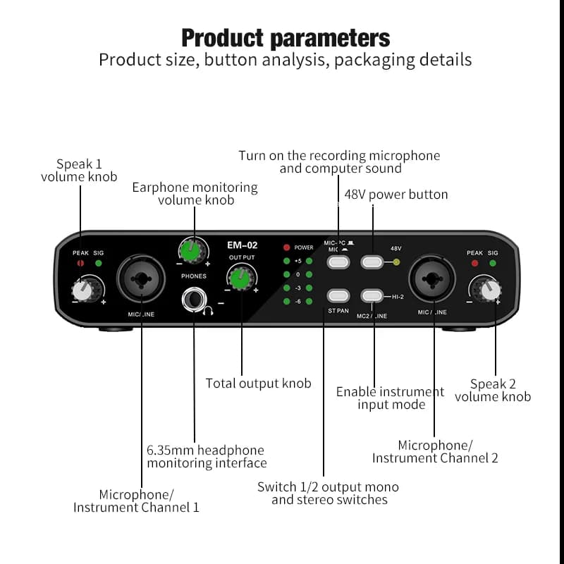 Interface de áudio com microfone 48v pré-amplificador para guitarra elétrica e estúdio profissional